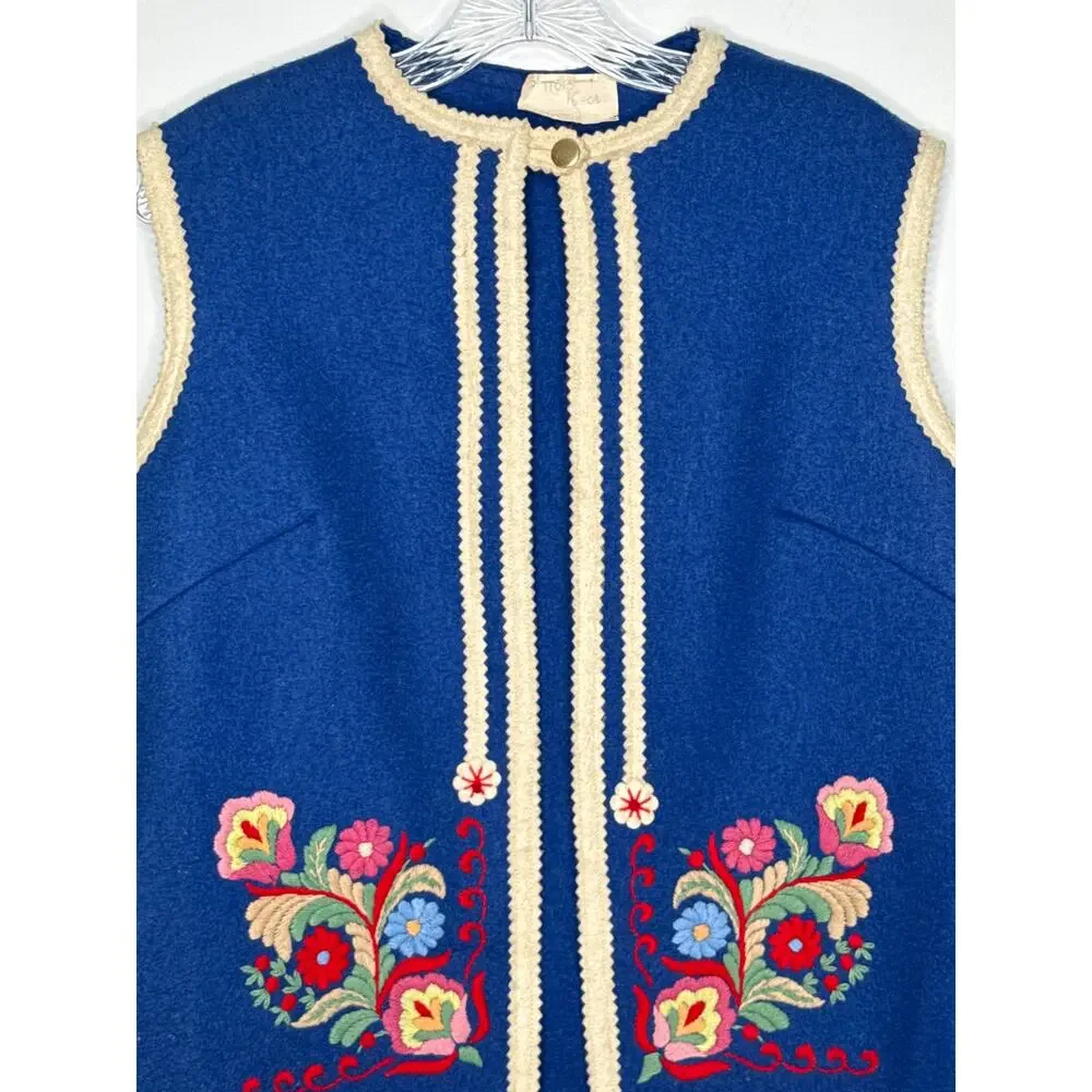 Vintage 70's Hungarian Folk Wool Vest Blue Embroidered Floral Trimmed medium